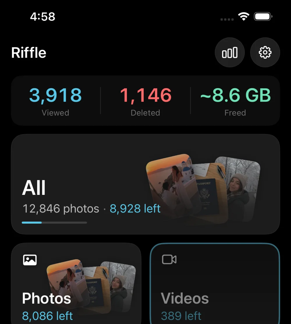 Riffle's home screen showing lifetime totals and remaining photos to review.